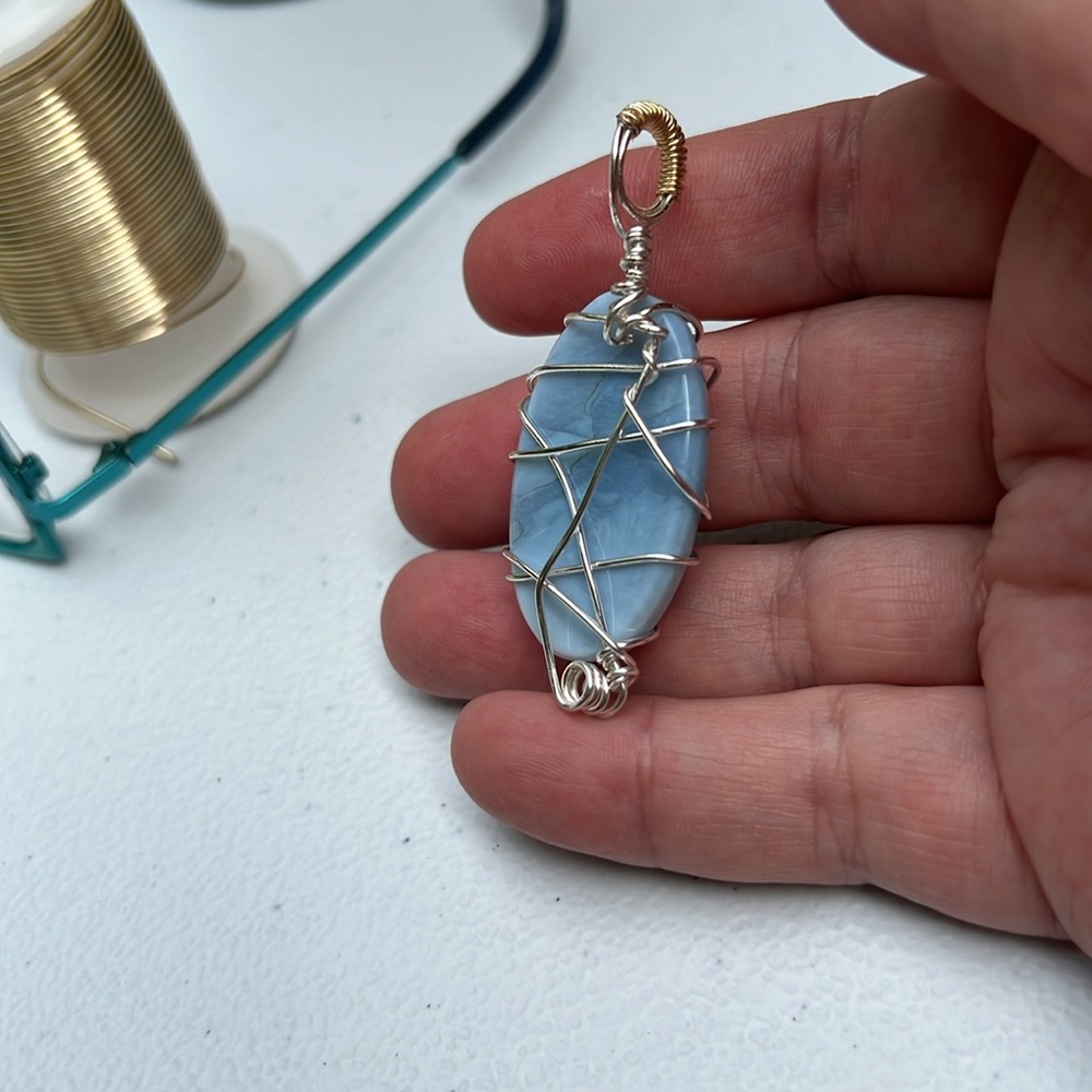 Peruvian Blue Opal wire wrapped pendant. Handmade - Picture 4 of 5